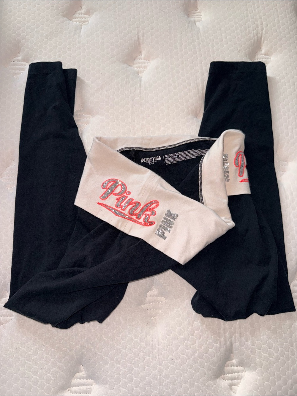 108. PINK Victoria's Secret Black Leggings with Fold-Over White Waistband Y2K - Picture 2 of 5